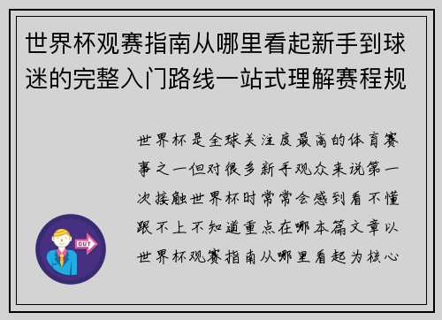 世界杯观赛指南从哪里看起新手到球迷的完整入门路线一站式理解赛程规则看点